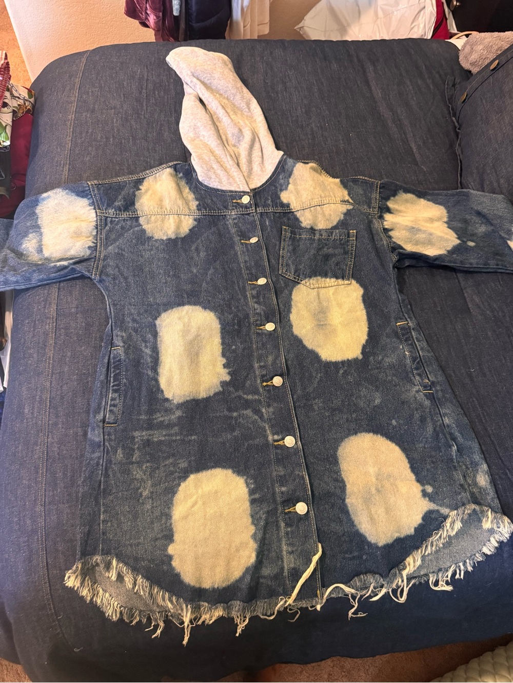 Thrill Jeans Bleach Spot Distressed Hooded Denim Jacket